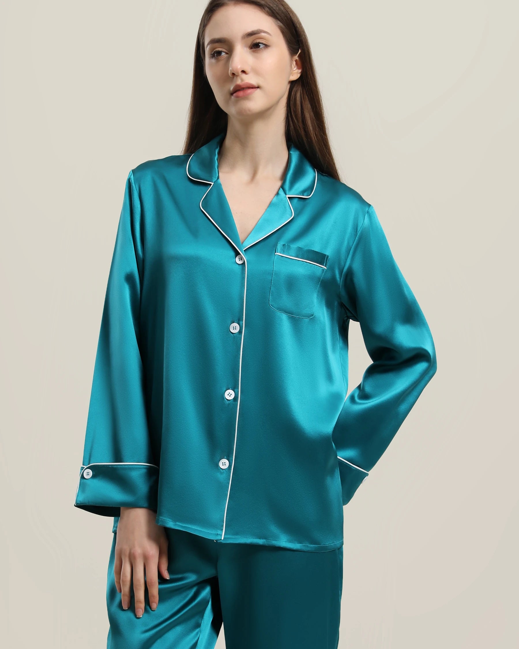 Classic Long Sleeve Silk Pajamas Set Peacock Blue