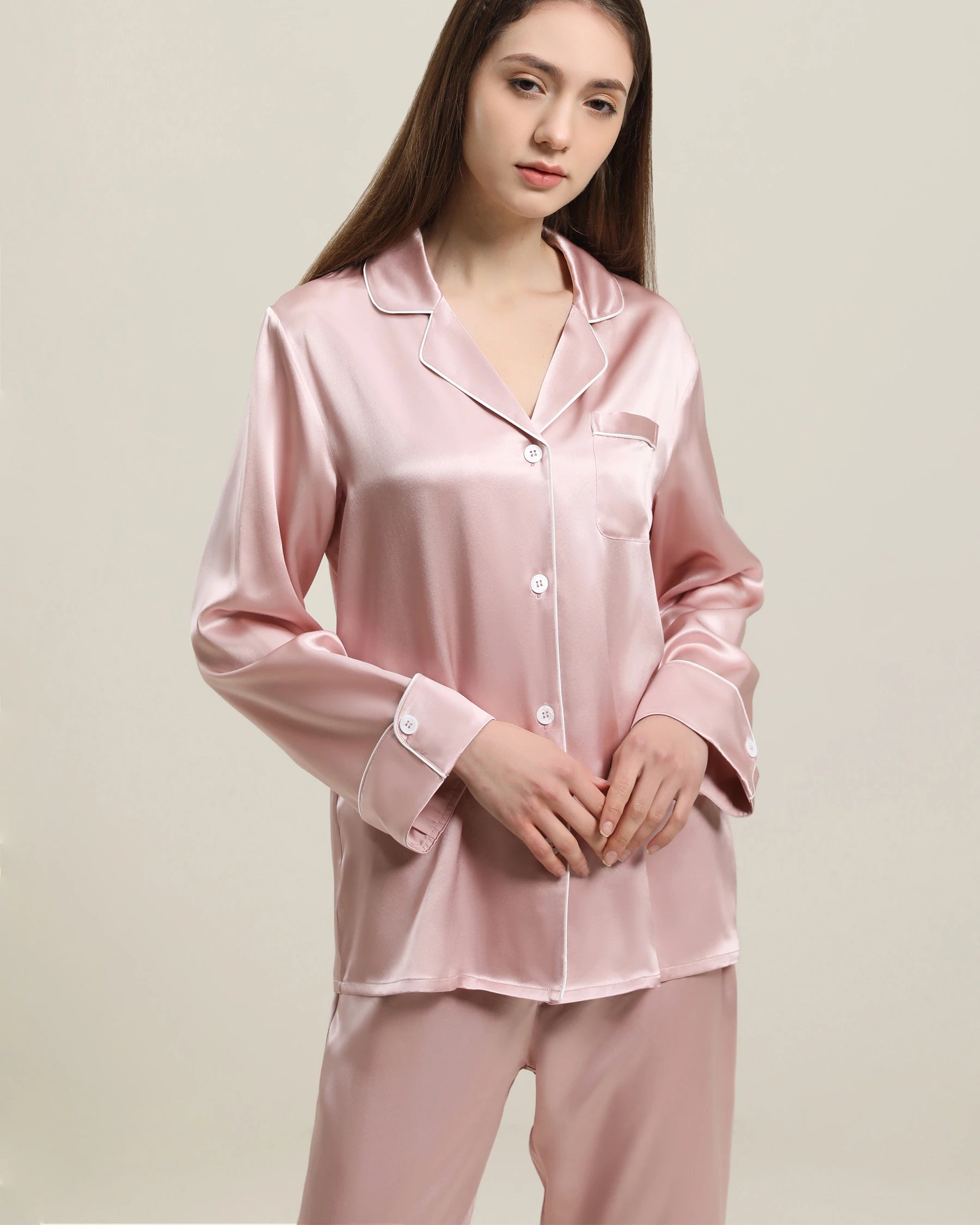 Classic Long Sleeve Silk Pajamas Set Rose Pink