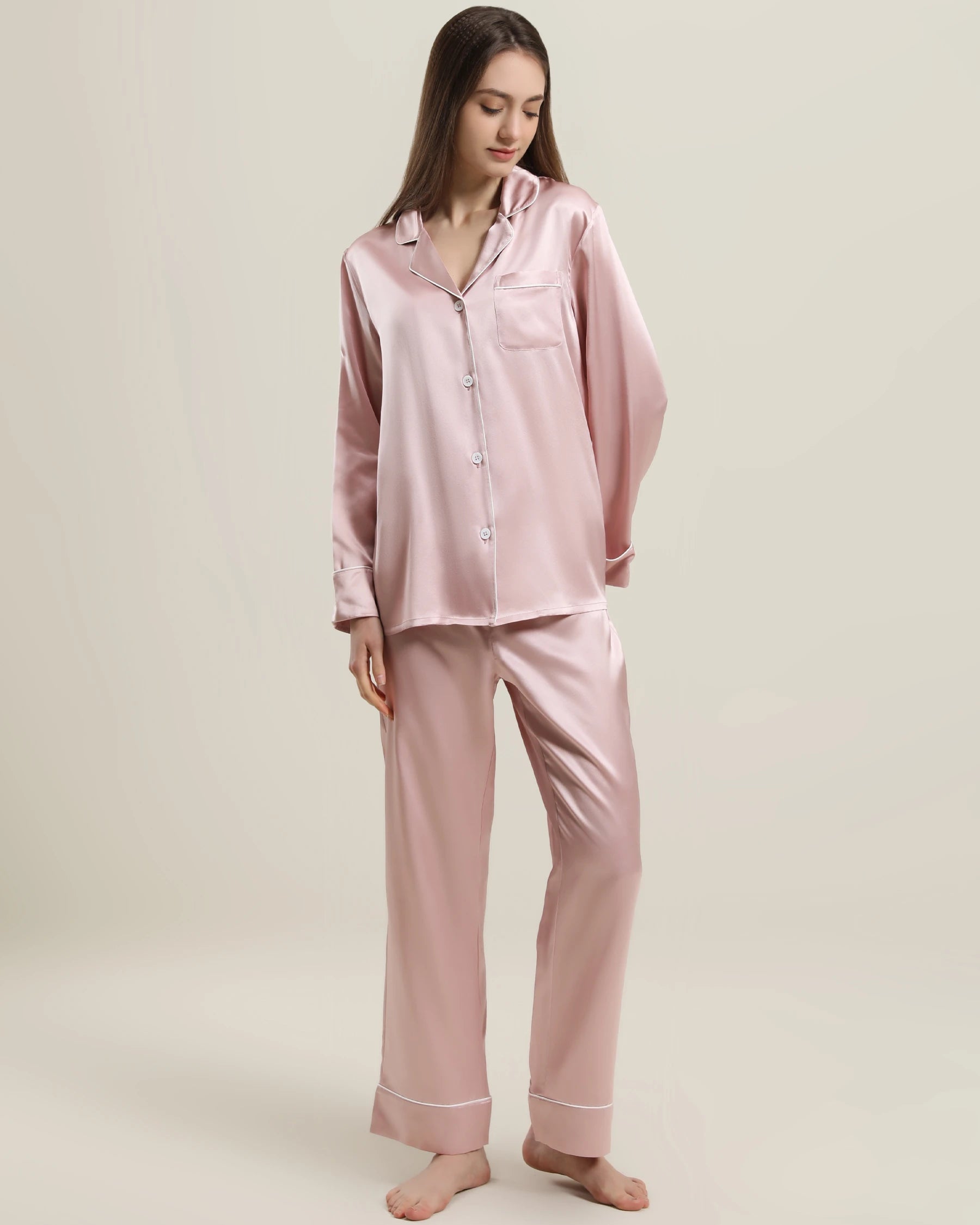 Classic Long Sleeve Silk Pajamas Set Rose Pink