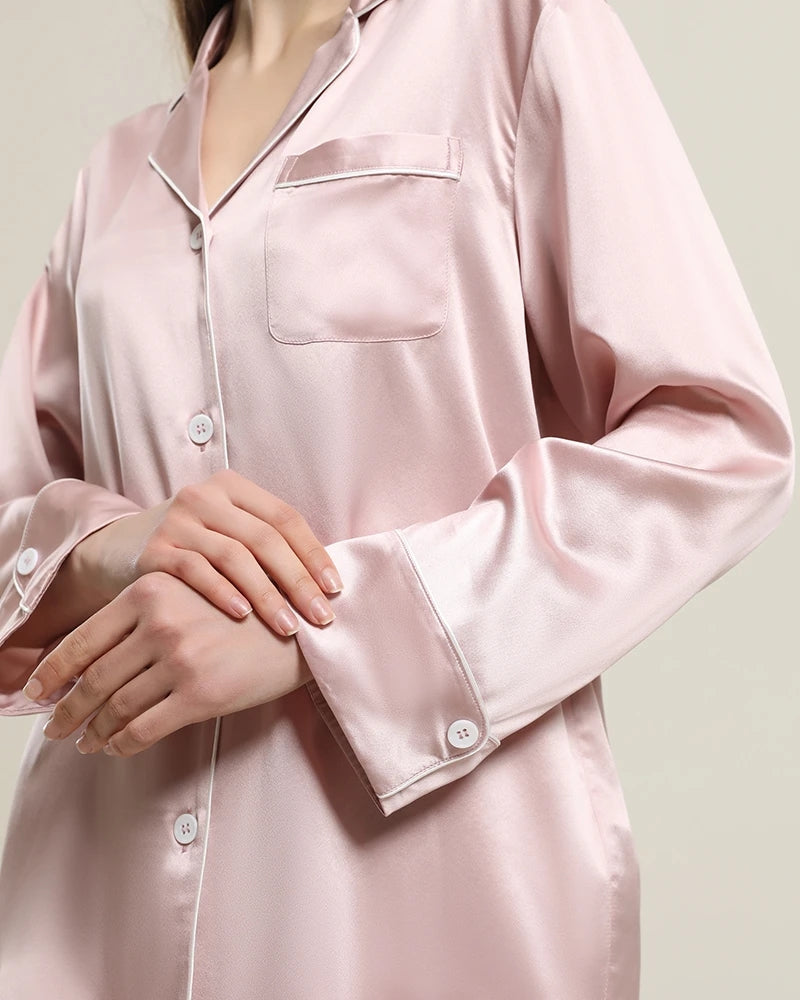 Classic Long Sleeve Silk Pajamas Set Rose Pink