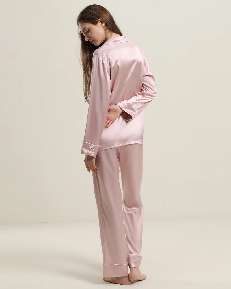 Classic Long Sleeve Silk Pajamas Set Rose Pink
