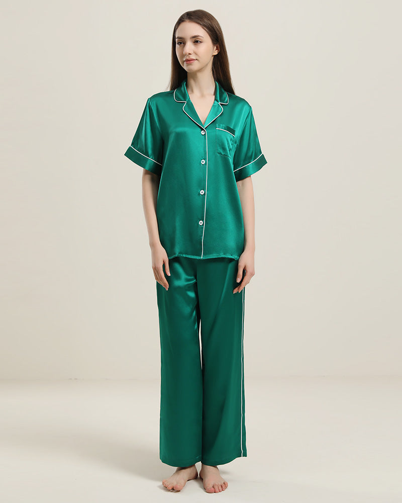 22 Momme Short-Sleeve Silk Pajamas Set Dark Green