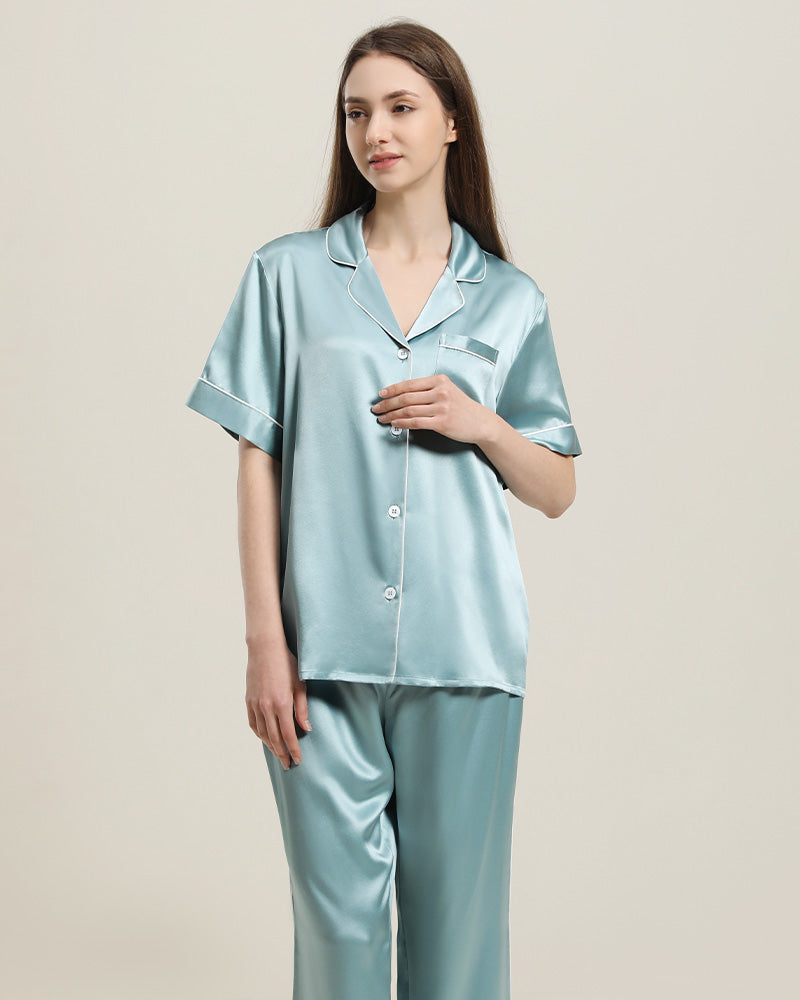 22 Momme Short-Sleeve Silk Pajamas Set Haze Blue