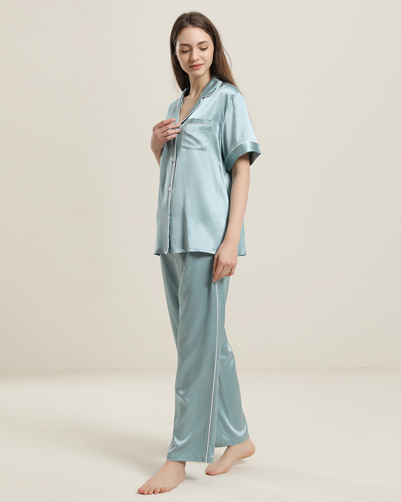 22 Momme Short-Sleeve Silk Pajamas Set Haze Blue