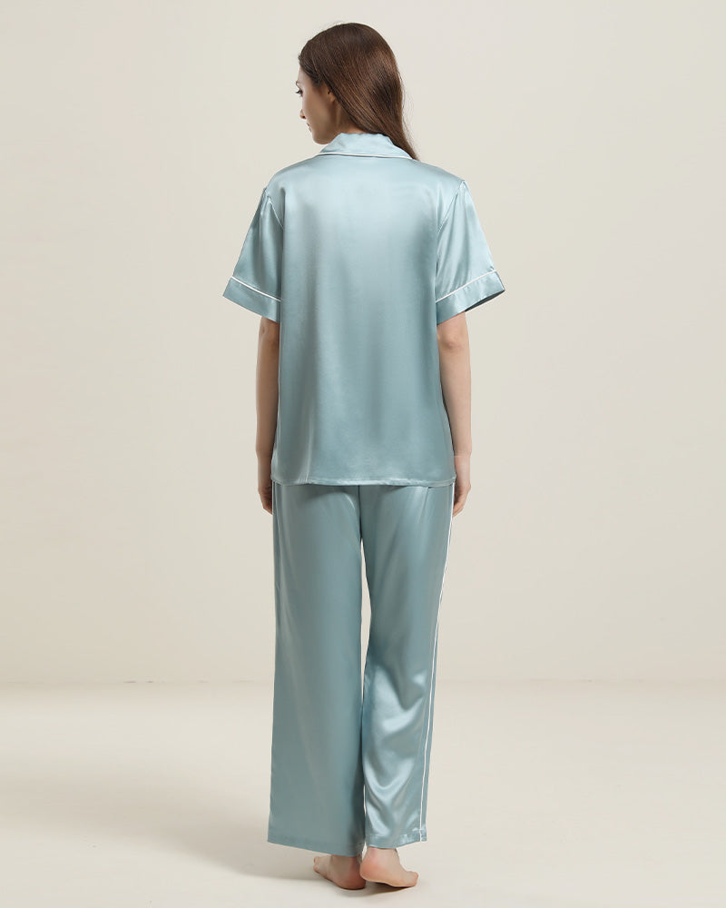 22 Momme Short-Sleeve Silk Pajamas Set Haze Blue