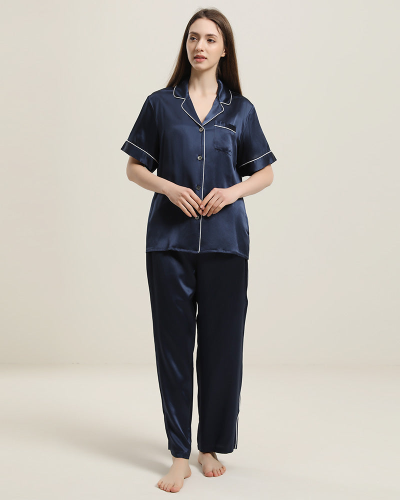 22 Momme Short-Sleeve Silk Pajamas Set Navy