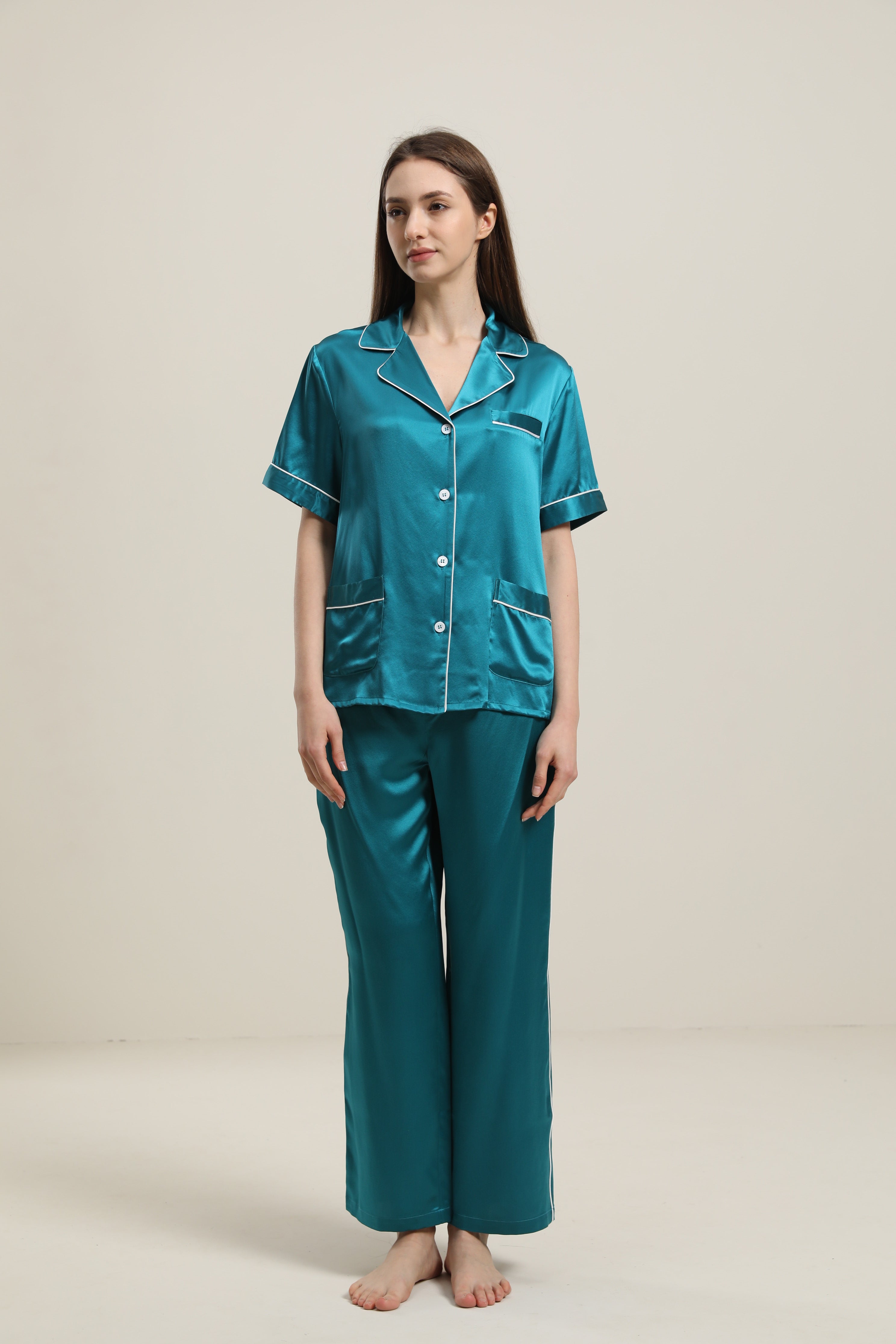 22 Momme Short-Sleeve Silk Pajamas Set Peacock Blue