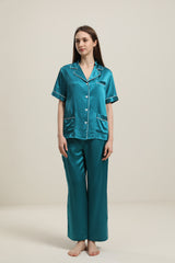 22 Momme Short-Sleeve Silk Pajamas Set Peacock Blue