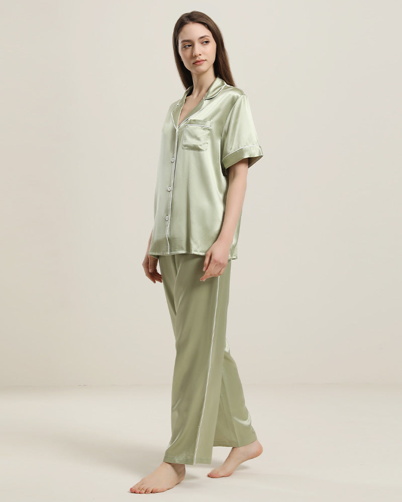 22 Momme Short-Sleeve Silk Pajamas Set Avocado Green
