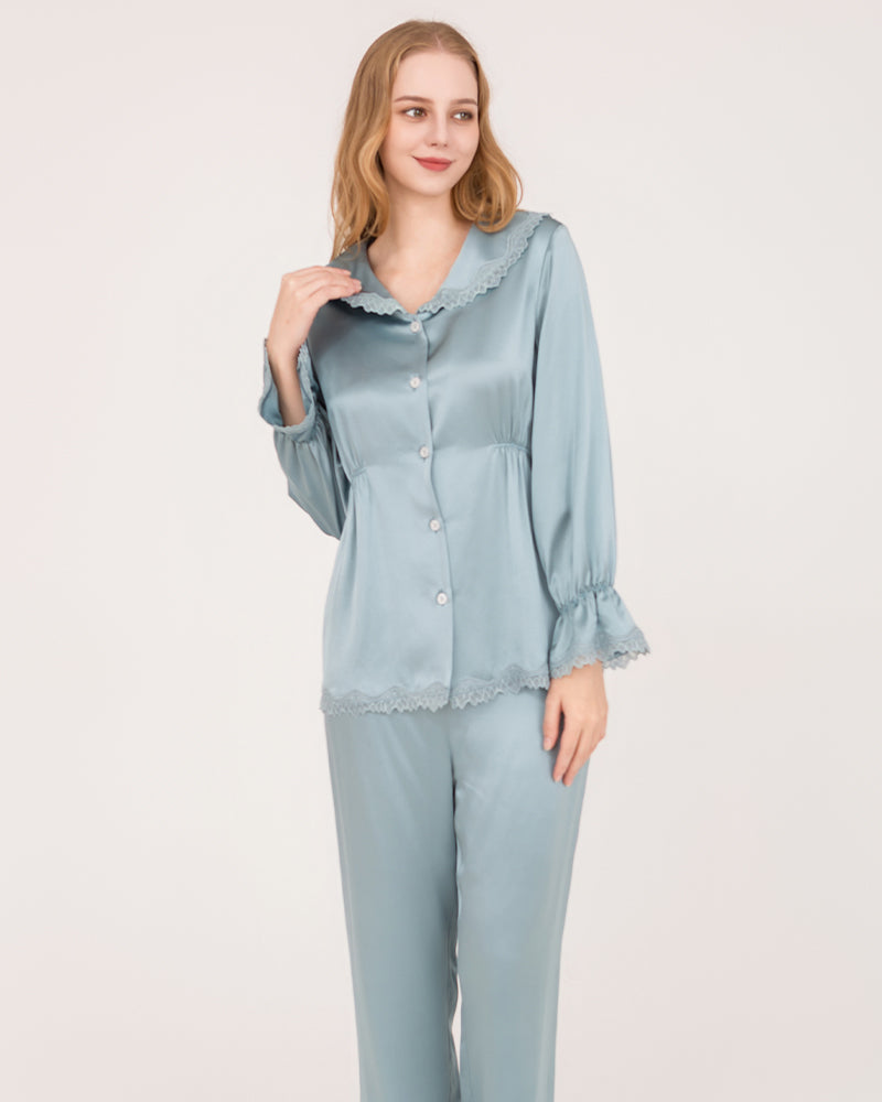 22Momme Silk Pajama Set with Lace Ruffled Cuffs Haze Blue
