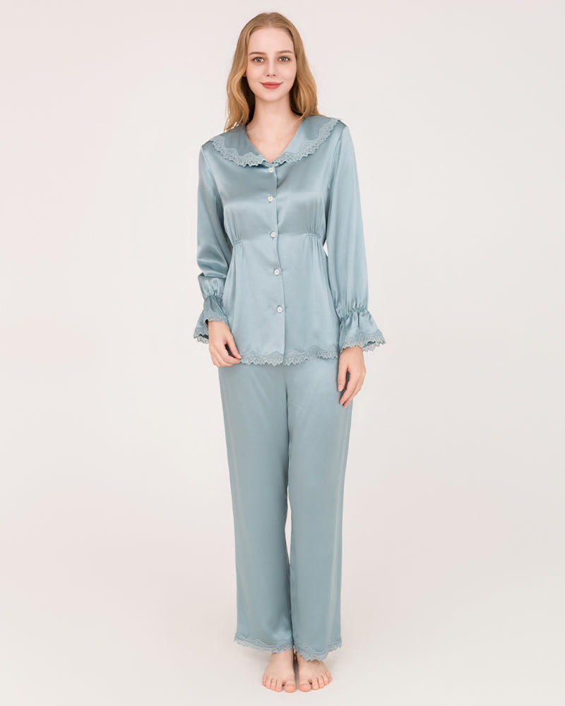 22Momme Silk Pajama Set with Lace Ruffled Cuffs Haze Blue