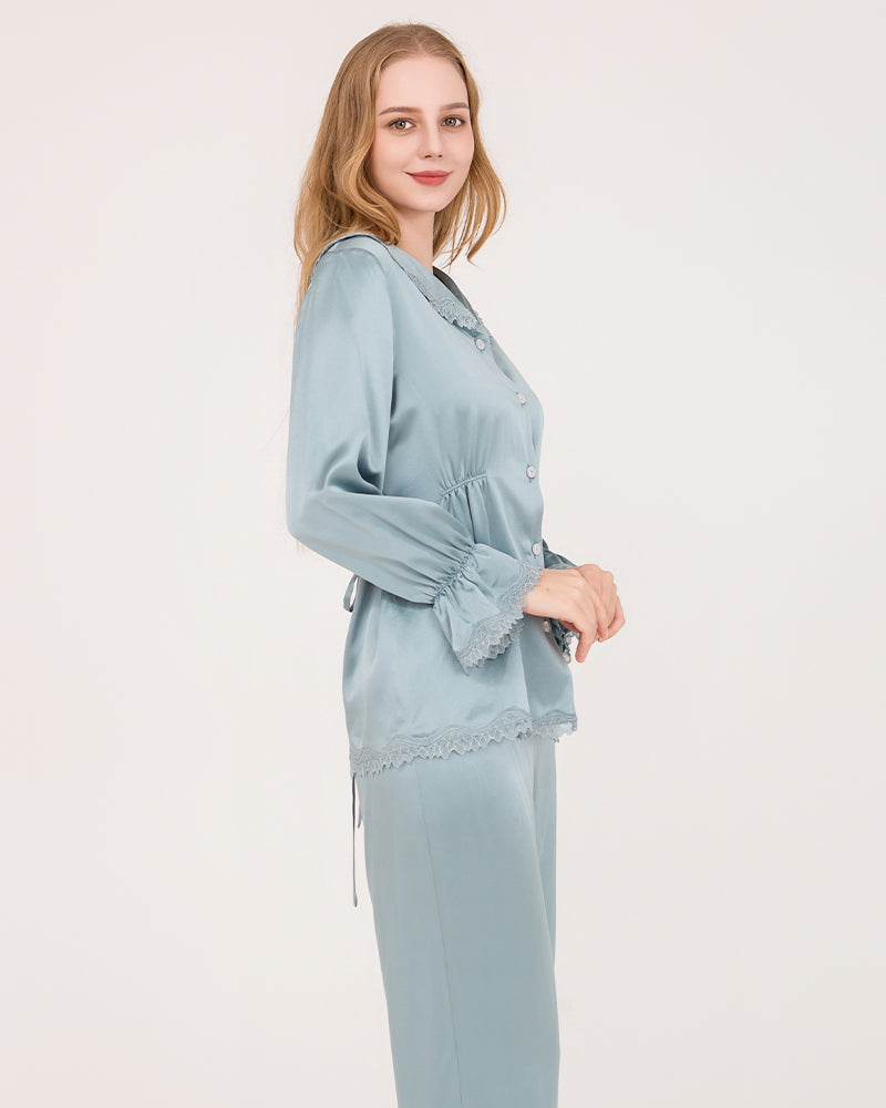 22Momme Silk Pajama Set with Lace Ruffled Cuffs Haze Blue