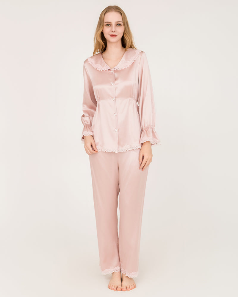 22Momme Silk Pajama Set with Lace Ruffled Cuffs Pink