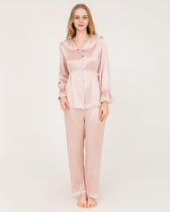 22Momme Silk Pajama Set with Lace Ruffled Cuffs Pink