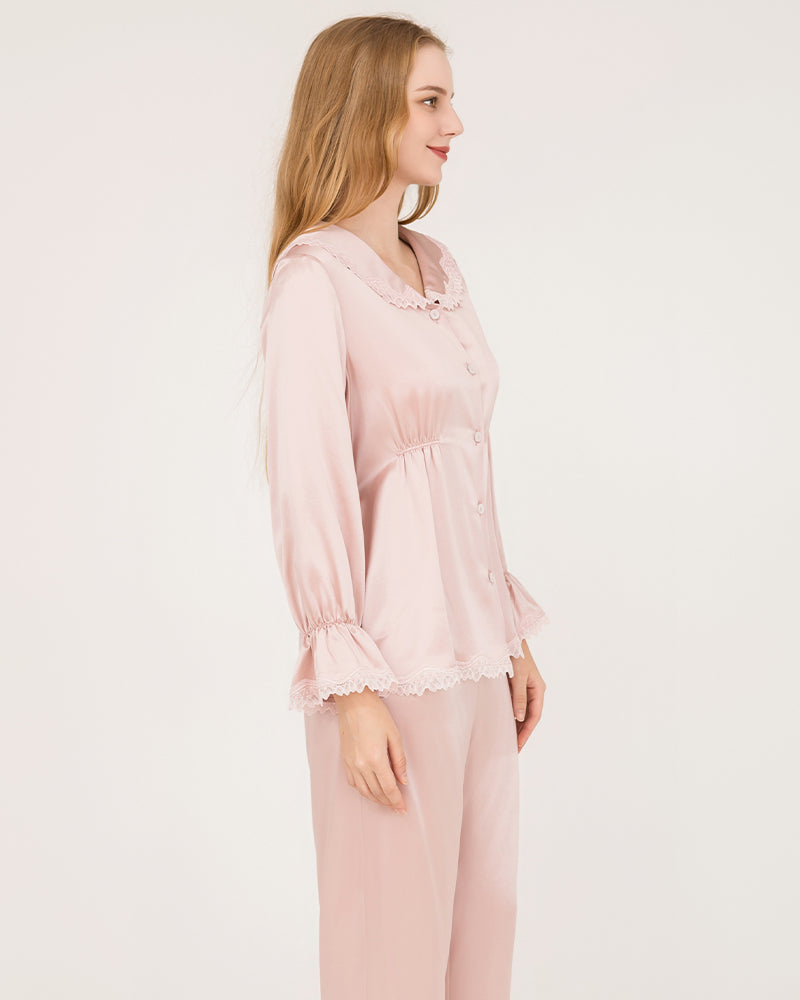 22Momme Silk Pajama Set with Lace Ruffled Cuffs Pink