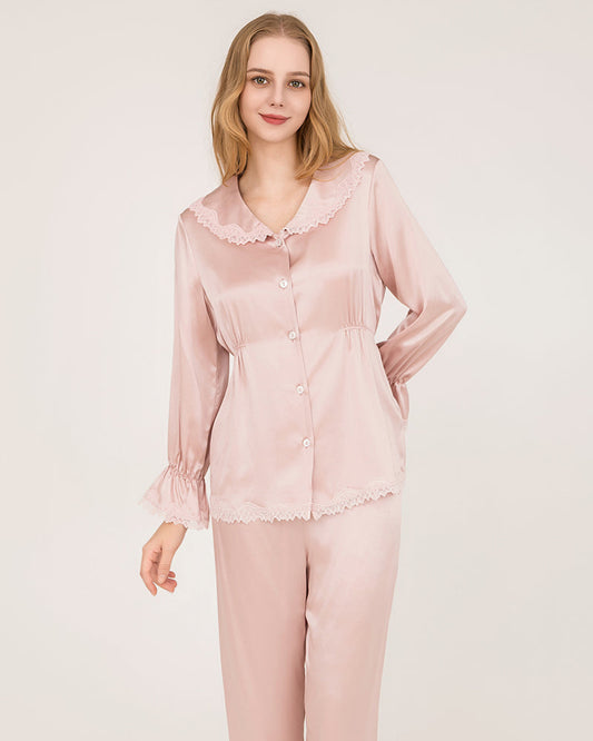 22Momme Silk Pajama Set with Lace Ruffled Cuffs Pink