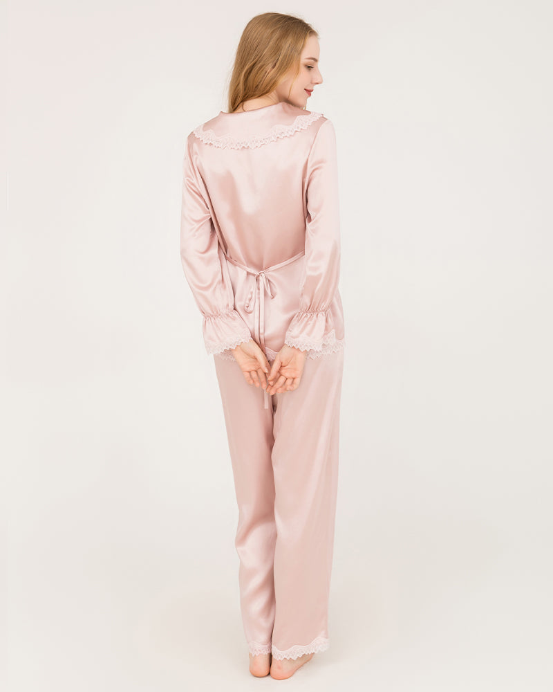22Momme Silk Pajama Set with Lace Ruffled Cuffs Pink