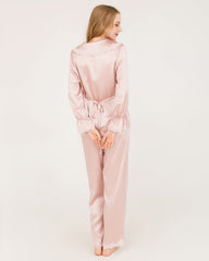 22Momme Silk Pajama Set with Lace Ruffled Cuffs Pink