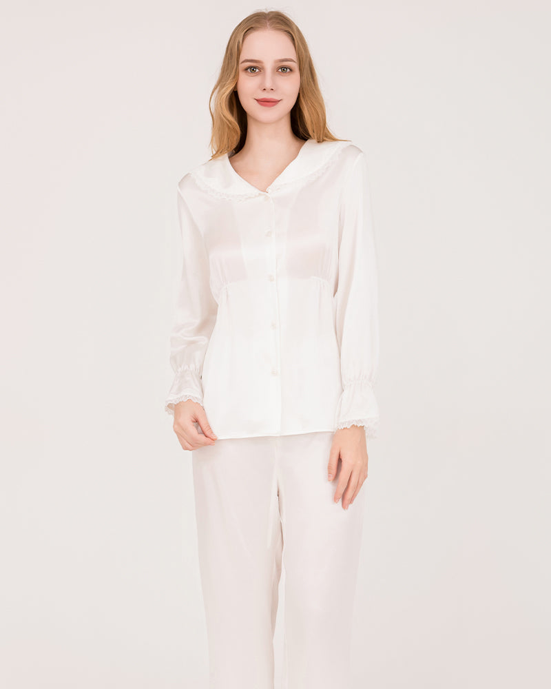 22Momme Silk Pajama Set with Lace Ruffled Cuffs White