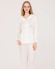 22Momme Silk Pajama Set with Lace Ruffled Cuffs White