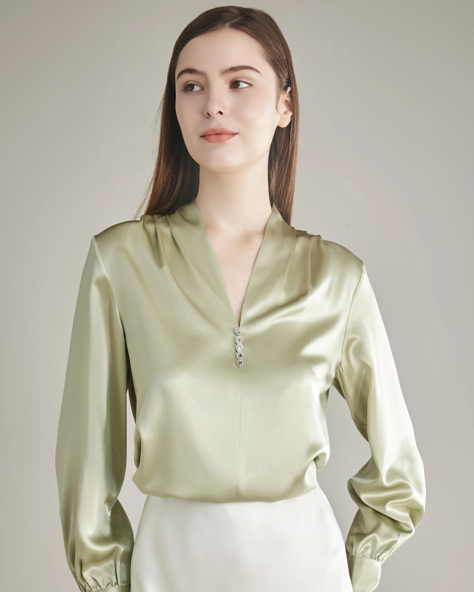100% Silk Shirt Silk Blouse Avocado Green