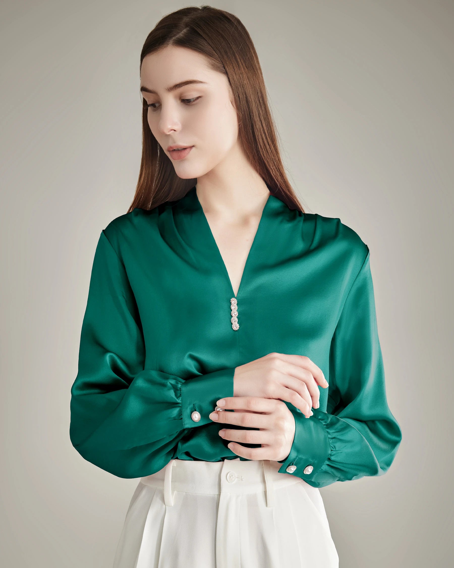 100% Silk Shirt Silk Blouse Dark Green