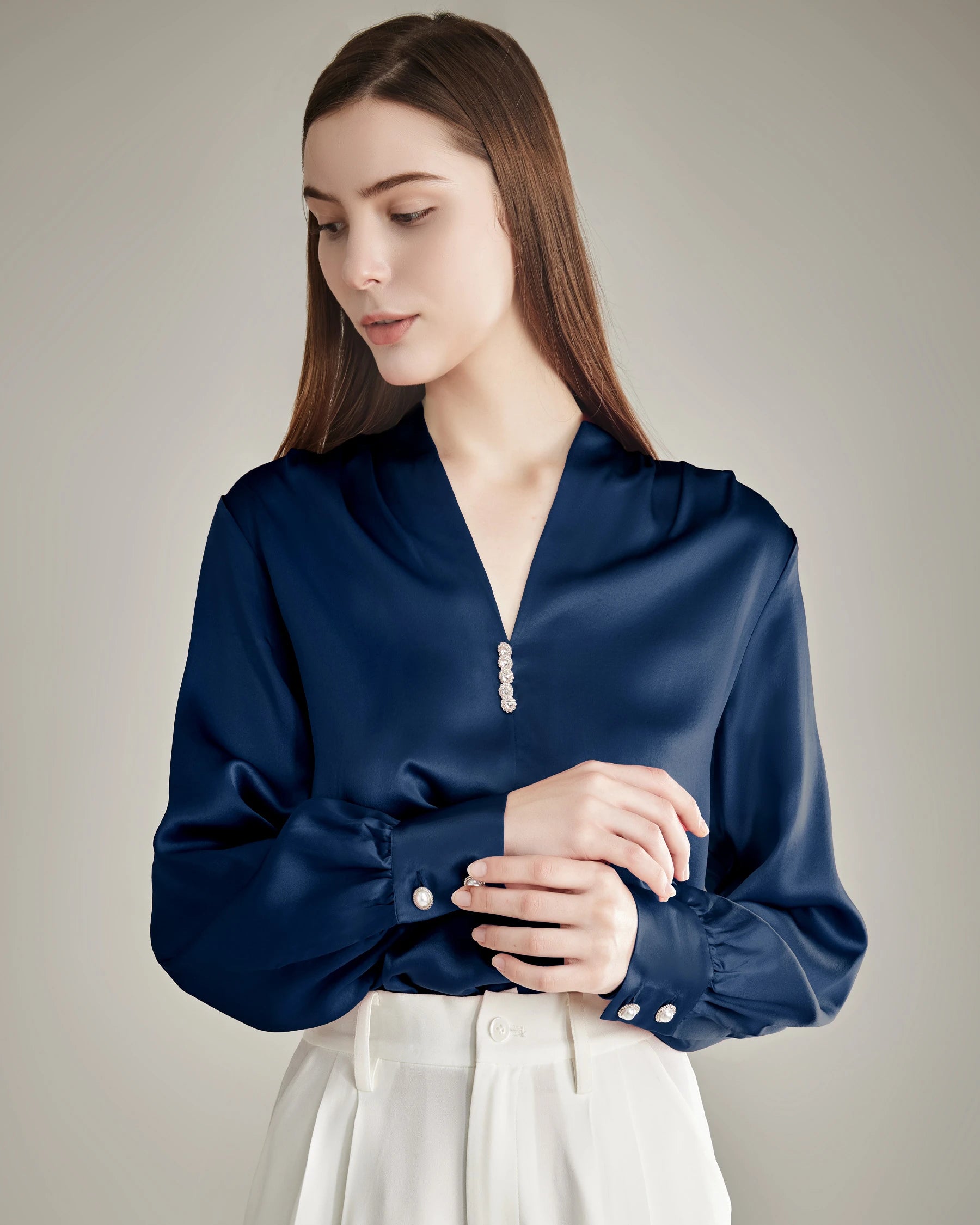 100% Silk Shirt Silk Blouse Navy