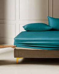 22 Momme 3PCS Silk Fitted Sheet Set Peacock Blue