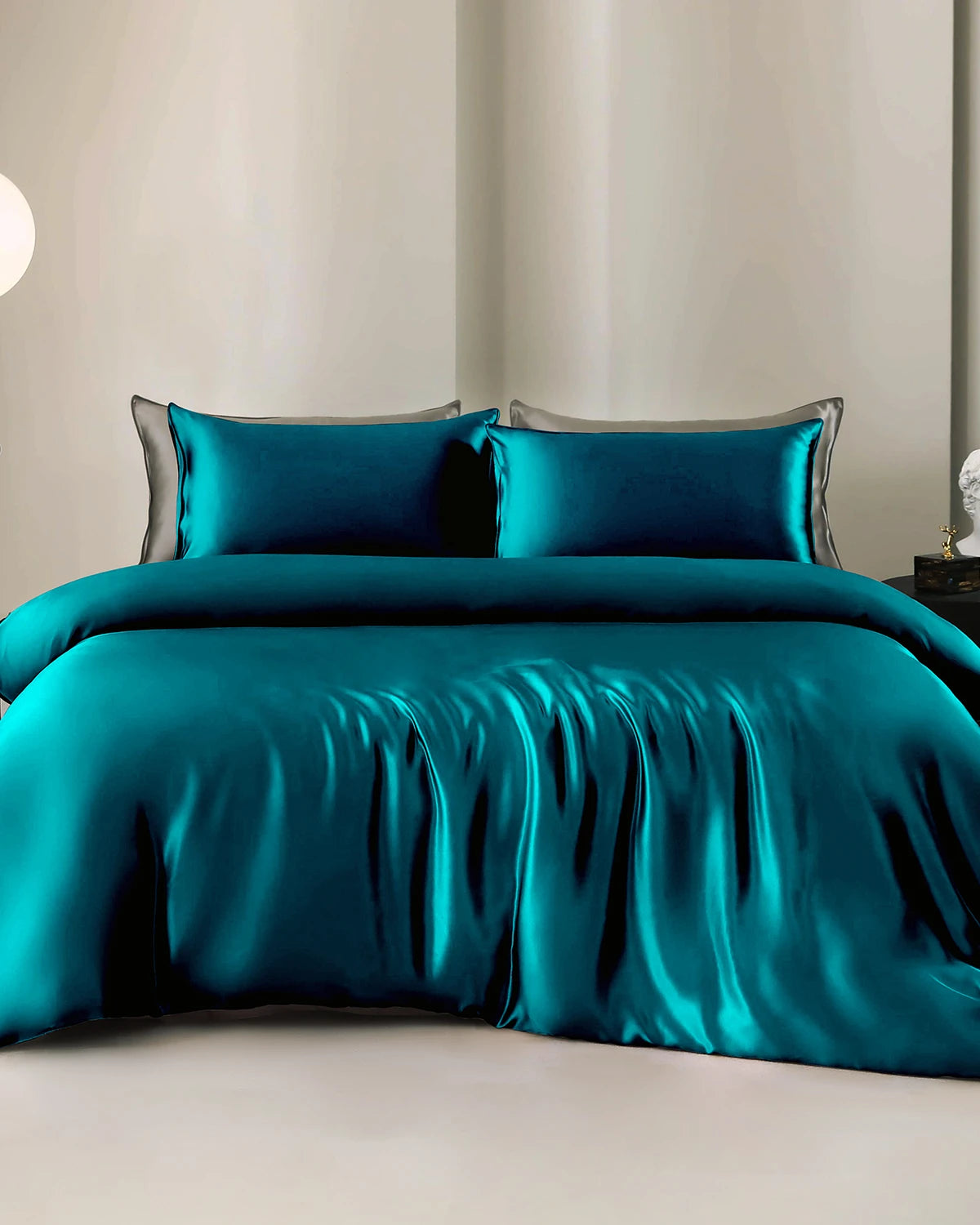 22 Momme 4PCS Silk Duvet Cover and Flat Sheet Set Peacock Blue