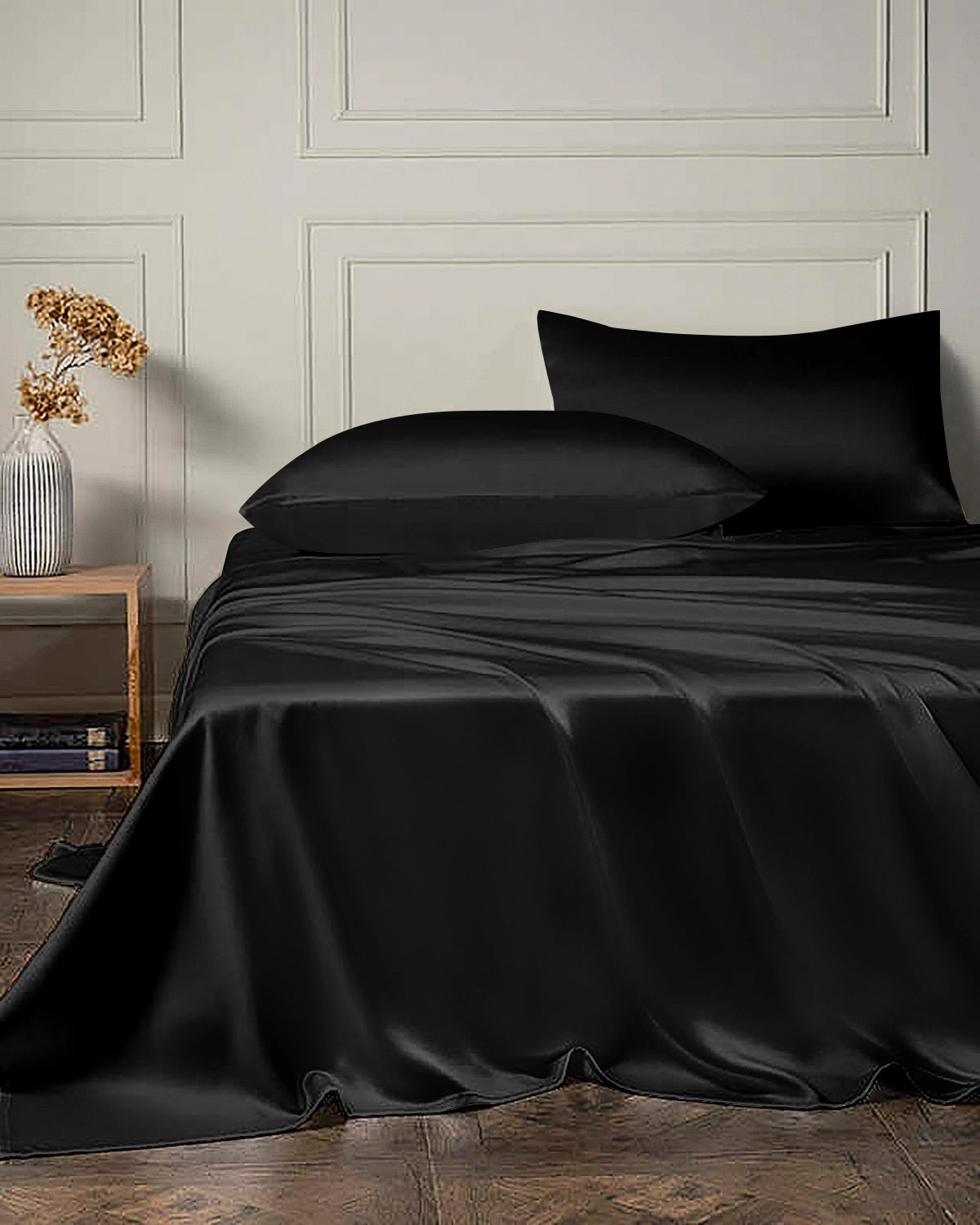 22 Momme 4PCS Silk Flat Sheet and Fitted Sheet Set Black