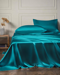 22 Momme 4PCS Silk Flat Sheet and Fitted Sheet Set Peacock Blue
