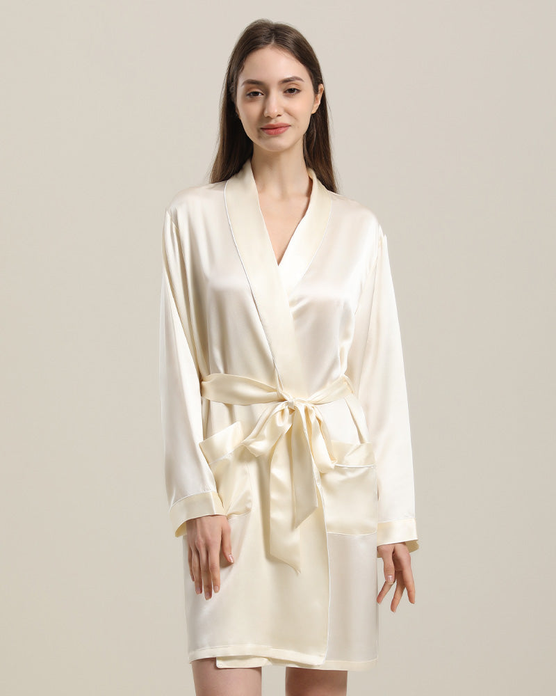 22 Momme Classic Mid Length Silk Robe For Women Cream