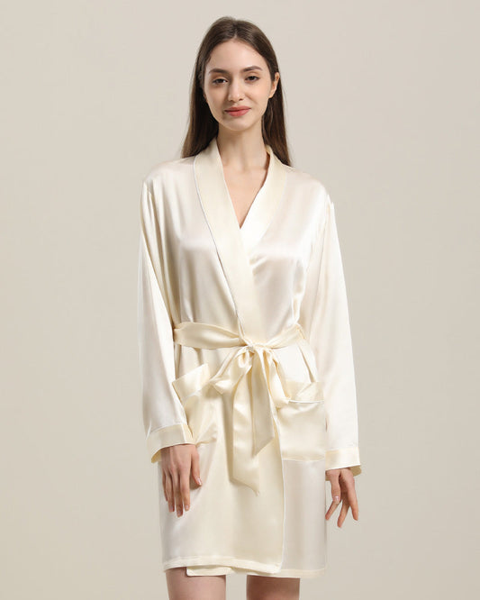 22 Momme Classic Mid Length Silk Robe For Women Cream