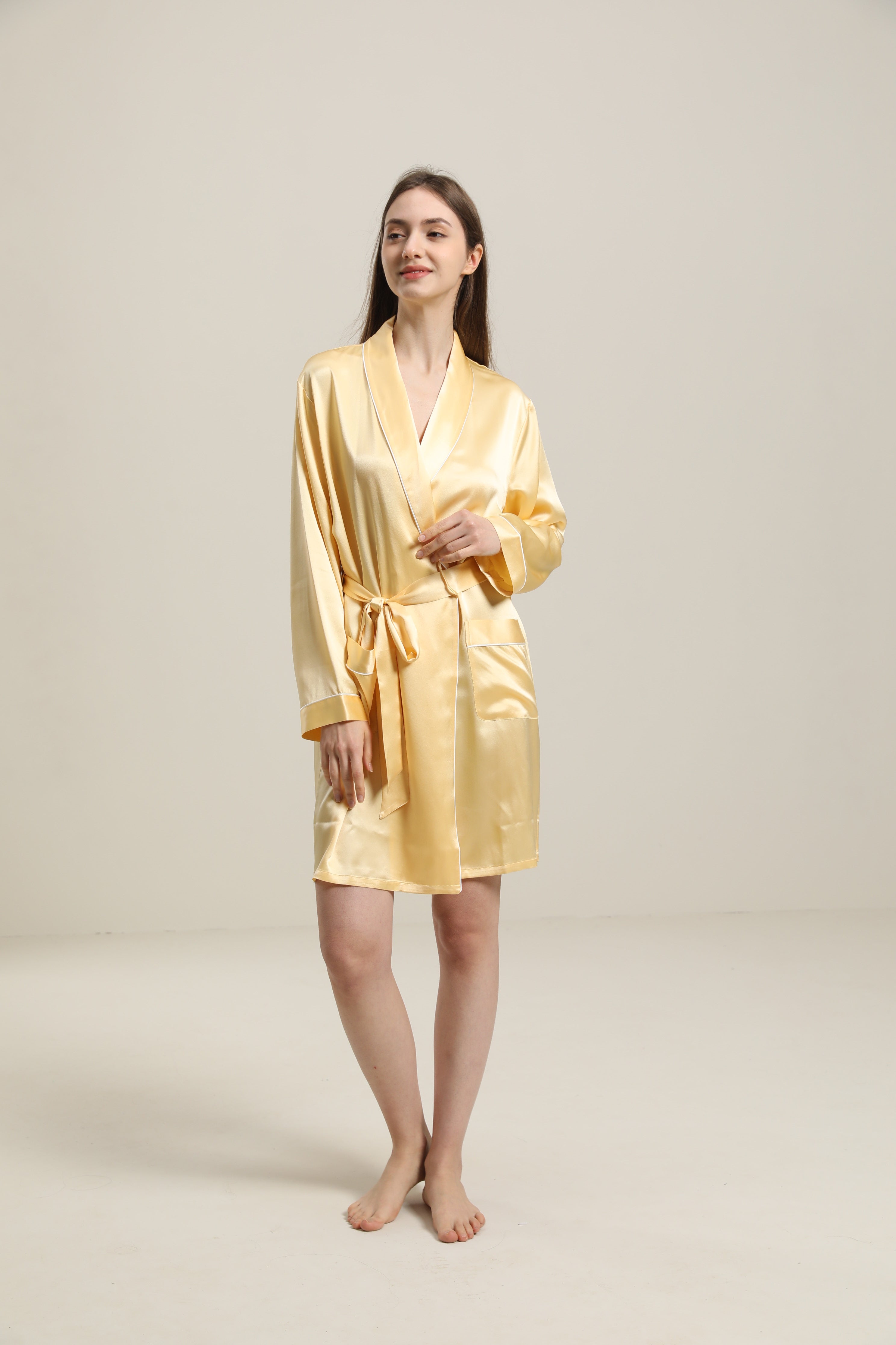 22 Momme Classic Mid Length Silk Robe For Women Gold