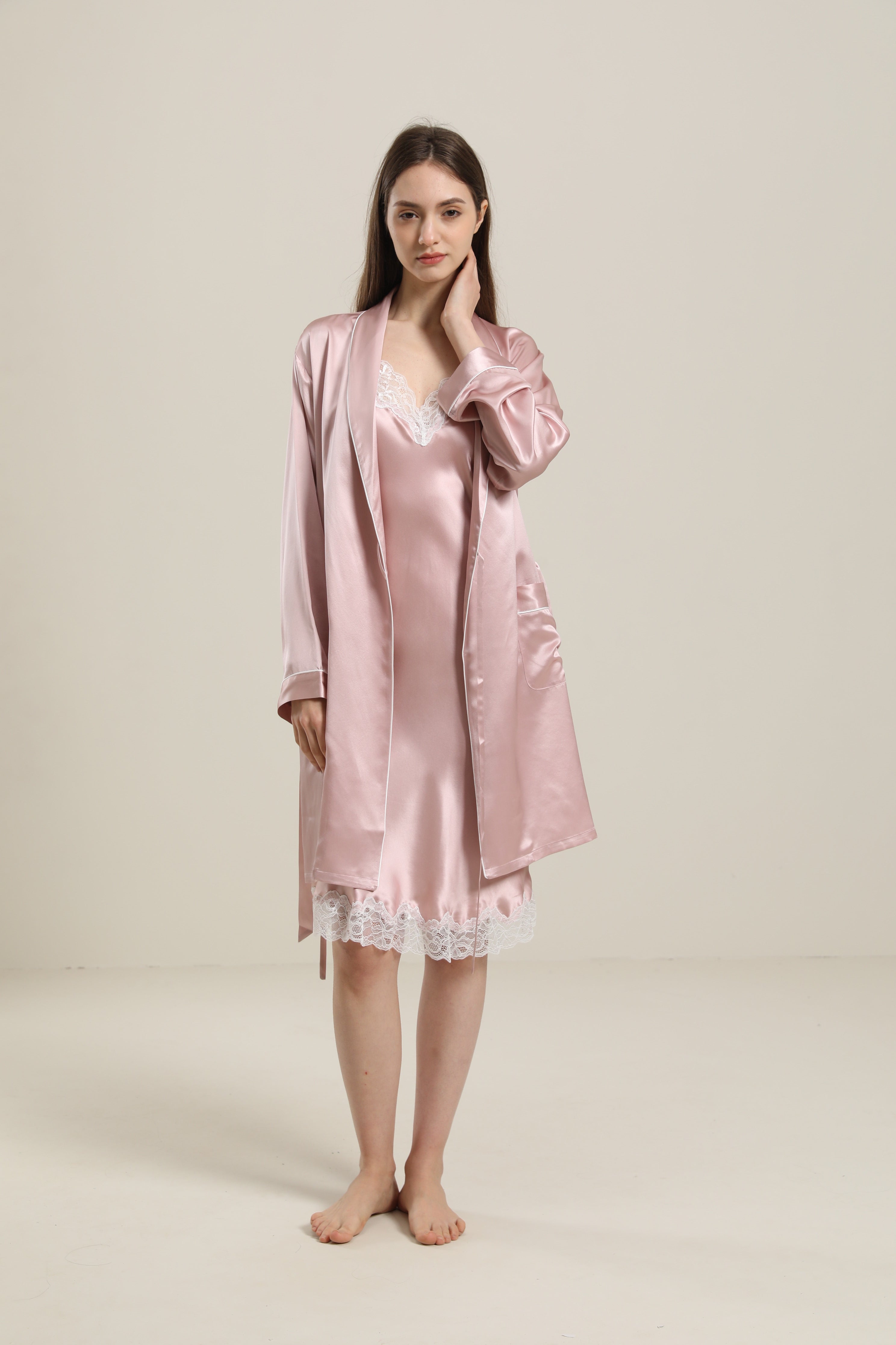 22 Momme Classic Mid Length Silk Robe For Women Rose Pink