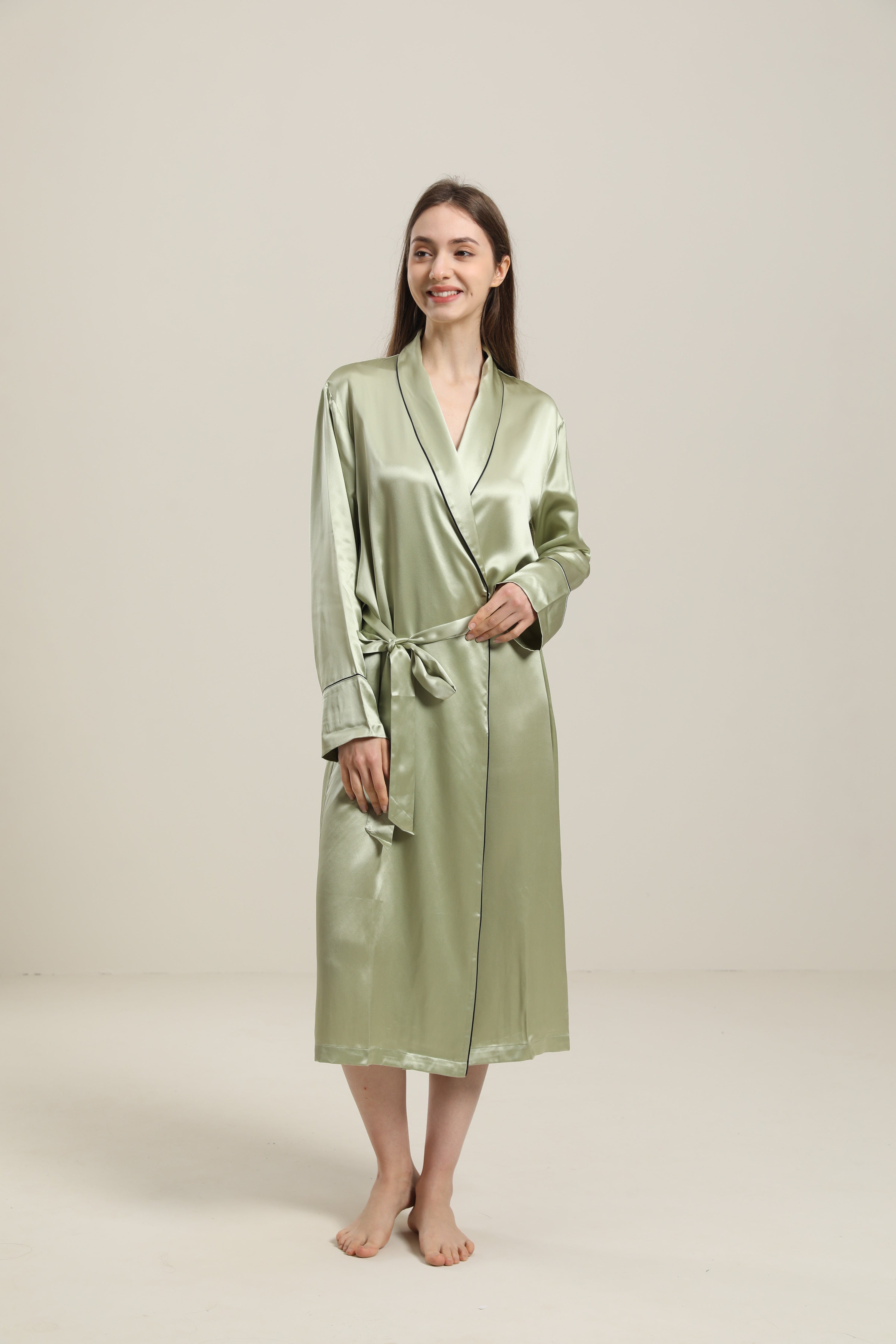 22 Momme Contra Trim And Full Length Silk Robe Avocado Greeen