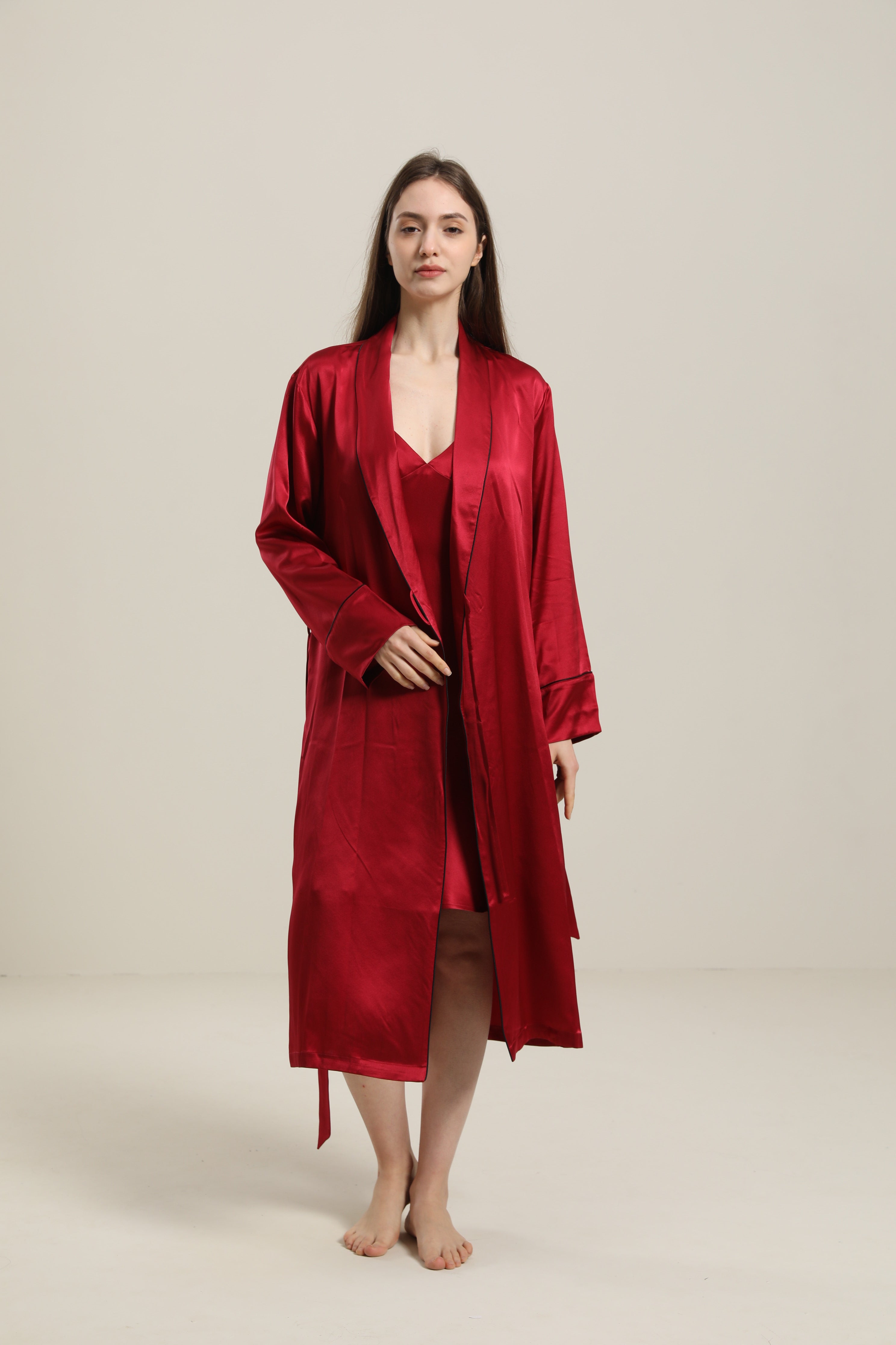 22 Momme Contra Trim And Full Length Silk Robe Burgundy