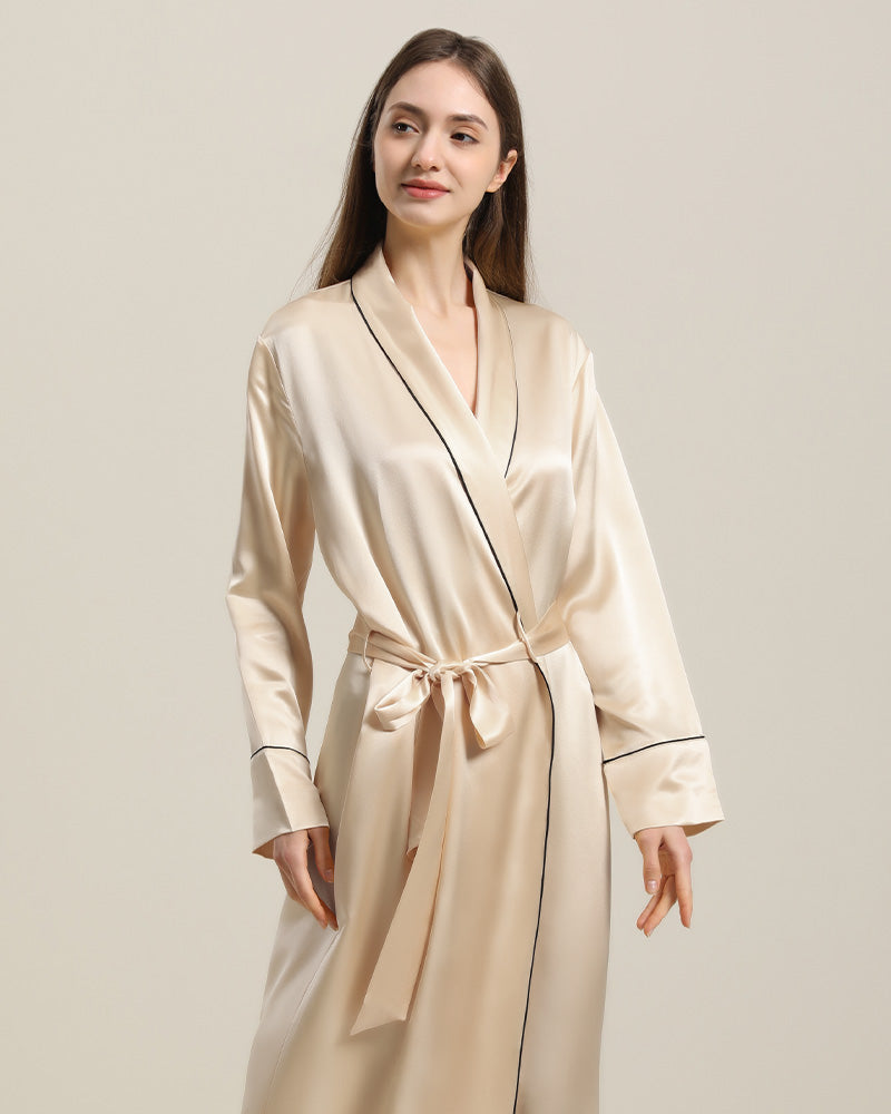 22 Momme Contra Trim And Full Length Silk Robe Champagne