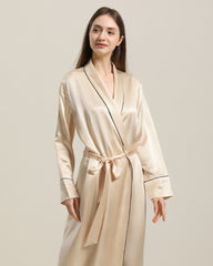 22 Momme Contra Trim And Full Length Silk Robe Champagne