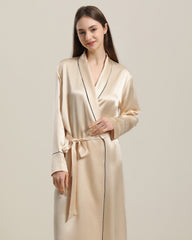 22 Momme Contra Trim And Full Length Silk Robe Champagne