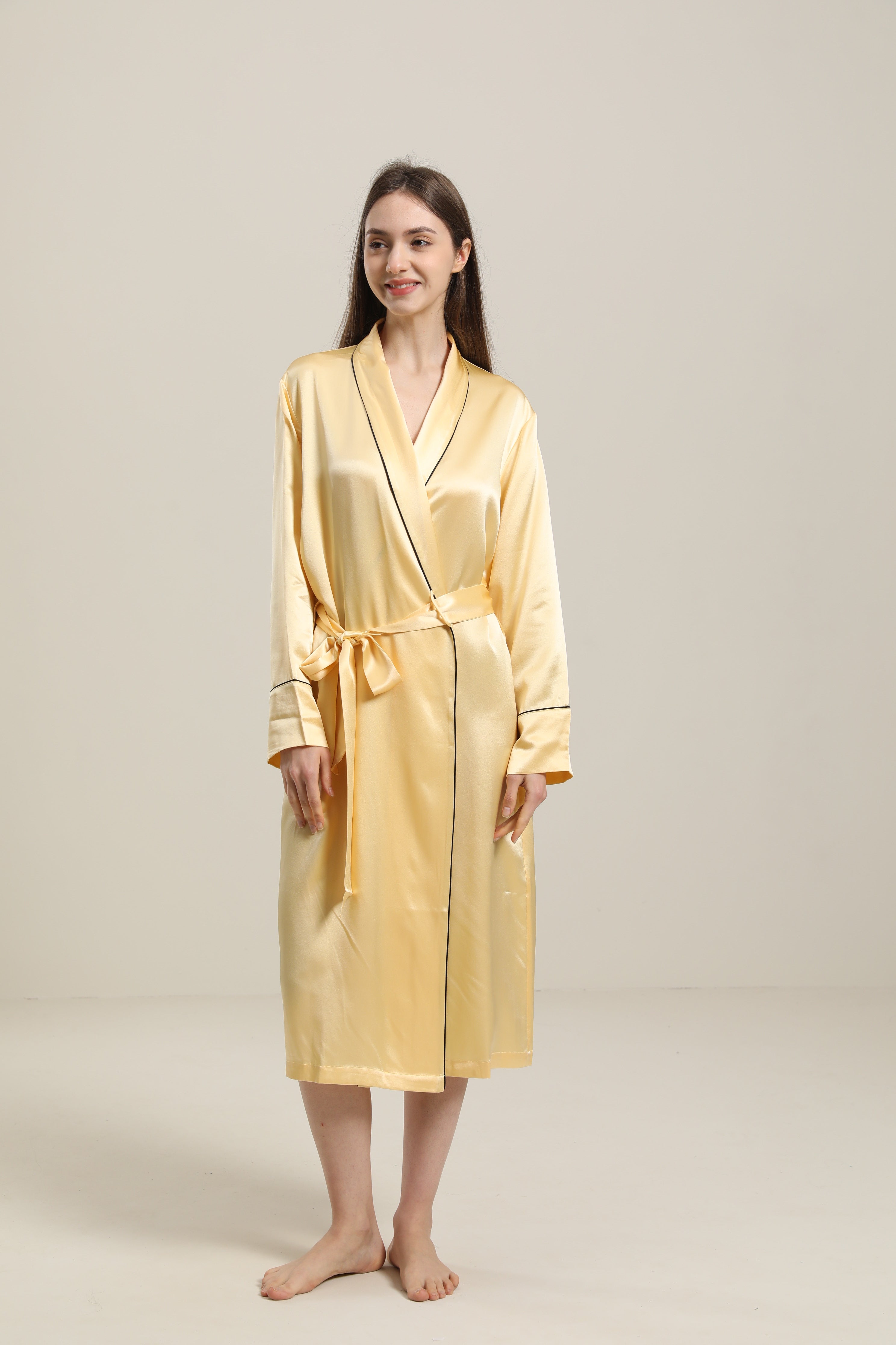 22 Momme Contra Trim And Full Length Silk Robe Gold
