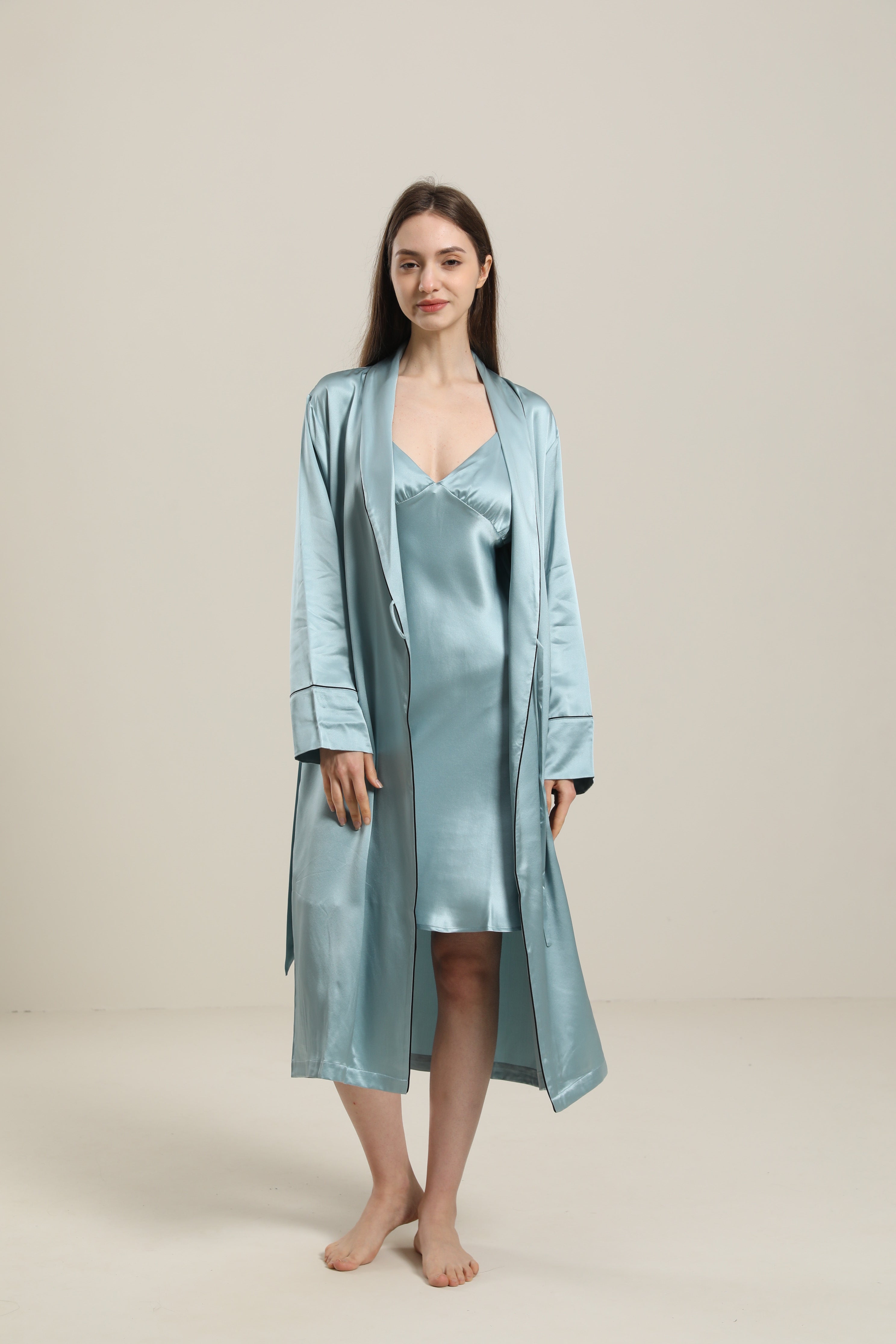 22 Momme Contra Trim And Full Length Silk Robe Haze Blue