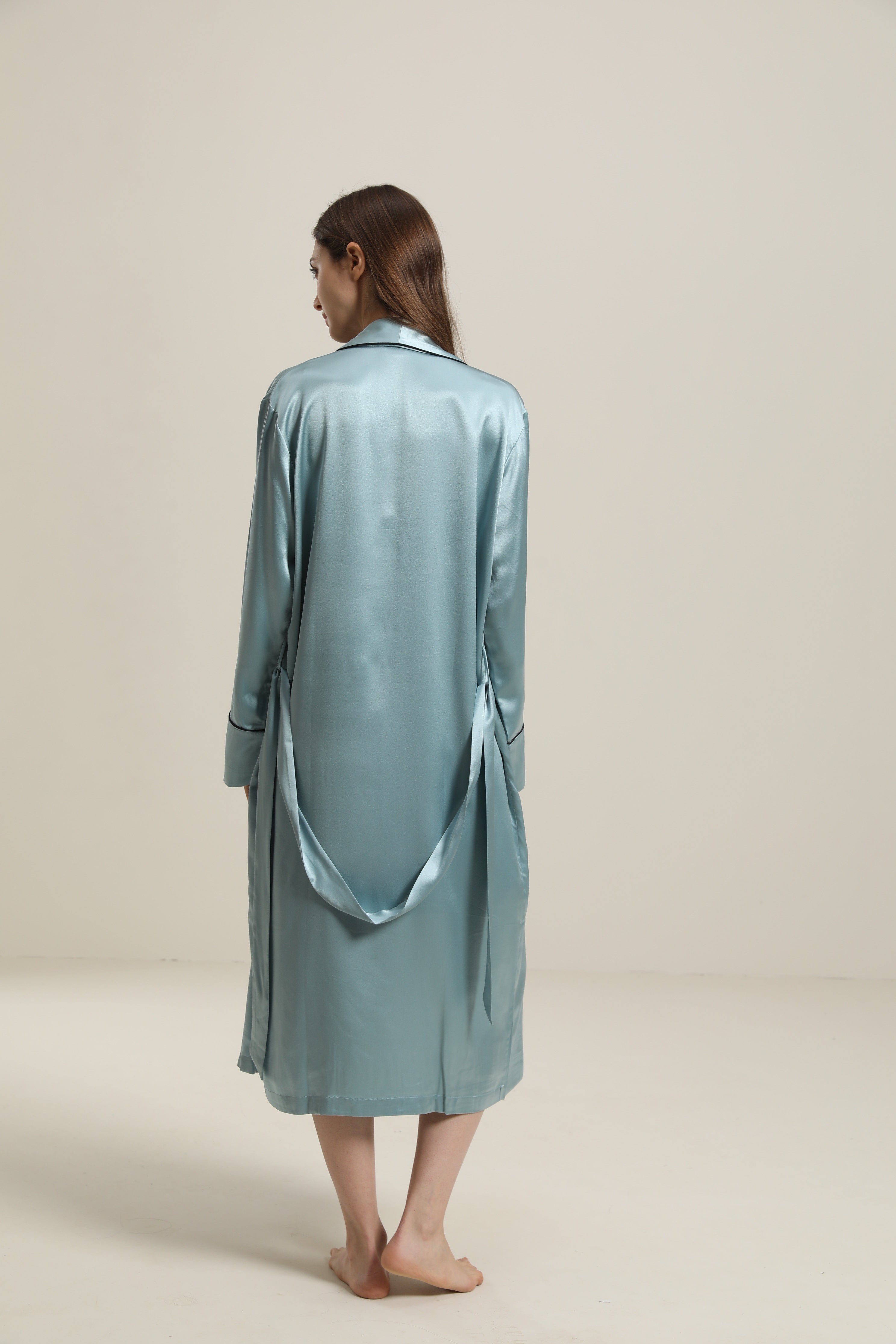 22 Momme Contra Trim And Full Length Silk Robe Haze Blue