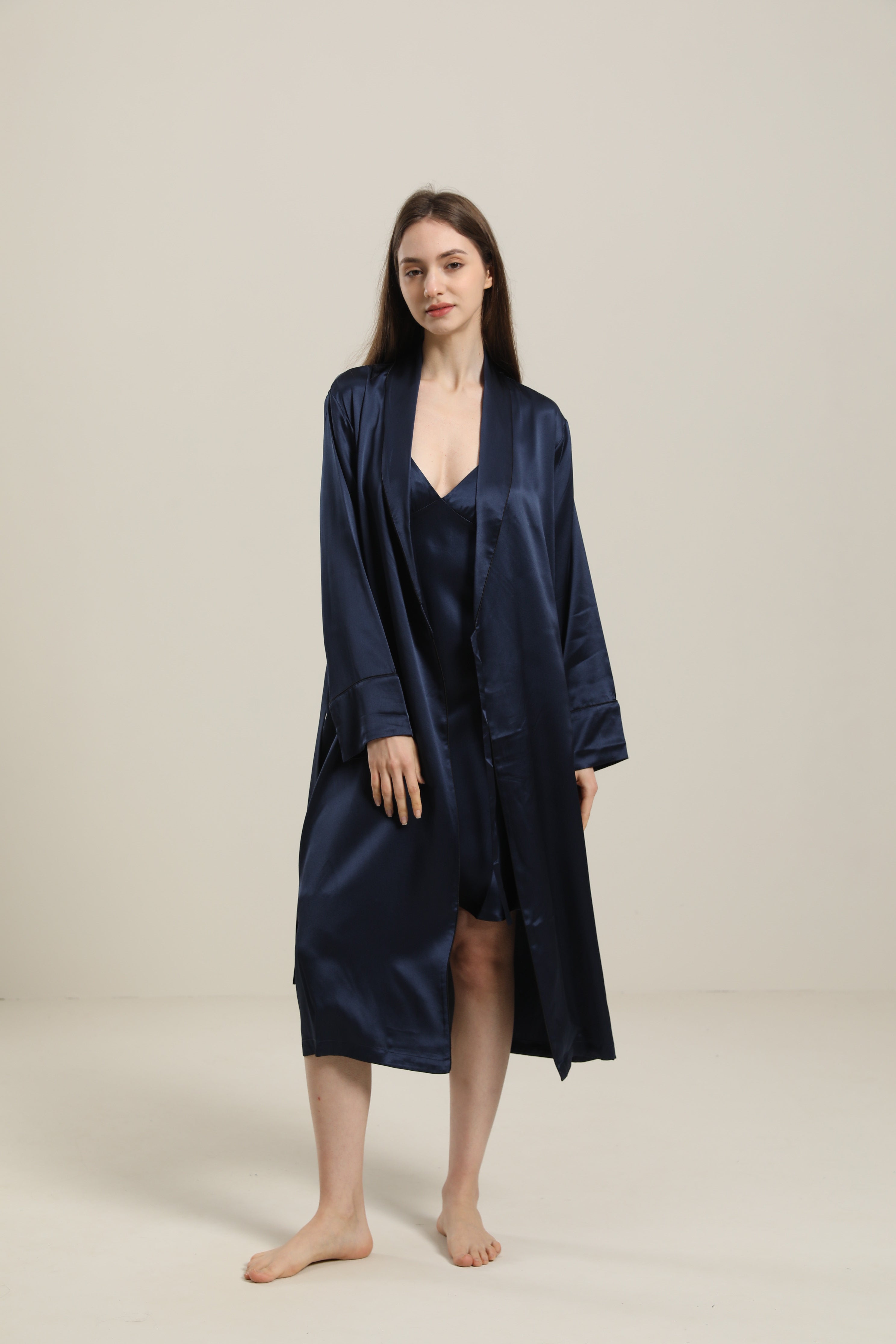 22 Momme Contra Trim And Full Length Silk Robe Navy