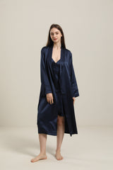 22 Momme Contra Trim And Full Length Silk Robe Navy