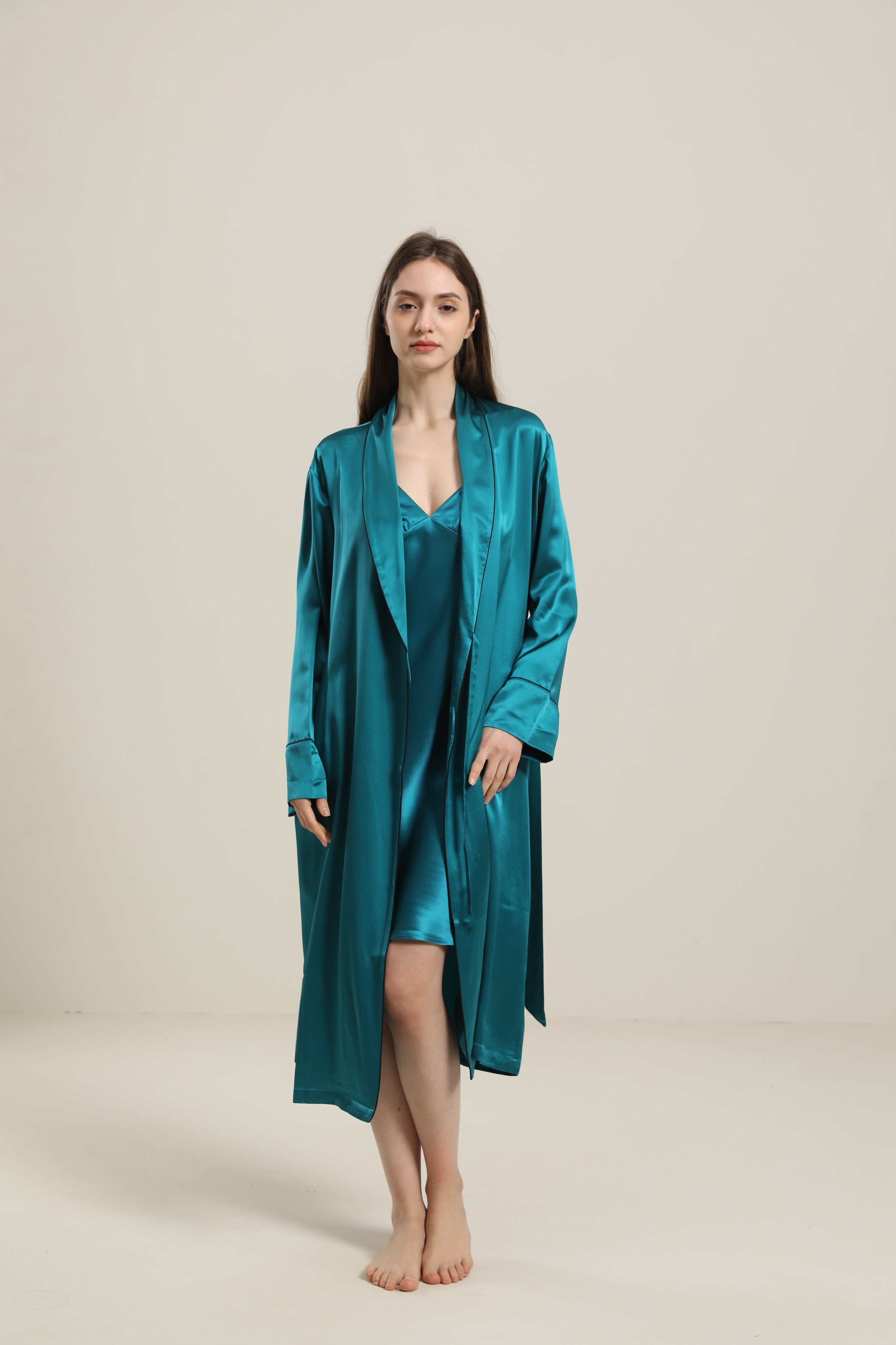 22 Momme Contra Trim And Full Length Silk Robe Peacock Blue