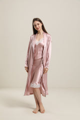 22 Momme Contra Trim And Full Length Silk Robe Rose Pink