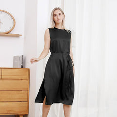 22 Momme Crew Neck Silk Midi Dress Black