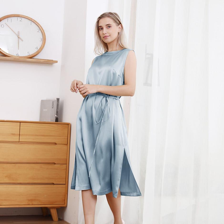 22 Momme Crew Neck Silk Midi Dress Haze Blue