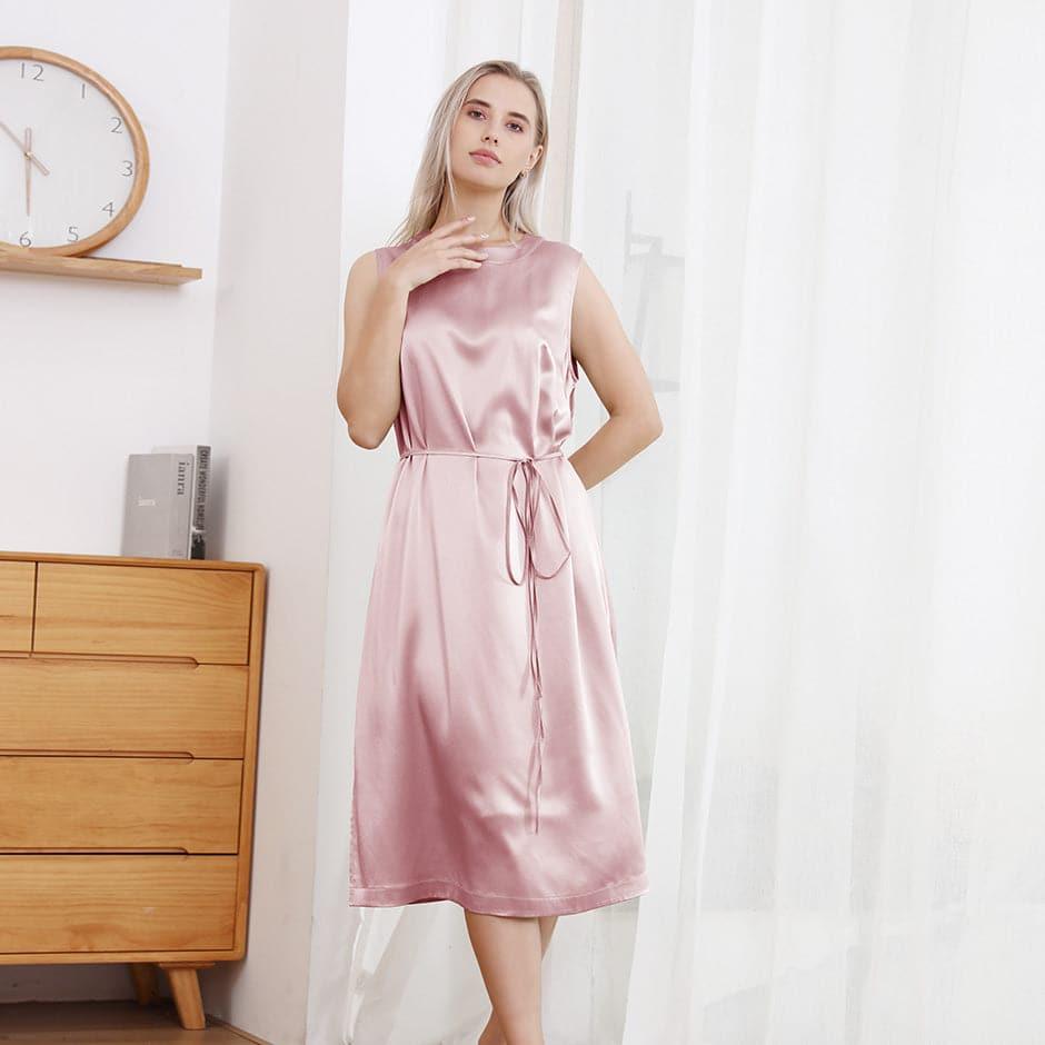 22 Momme Crew Neck Silk Midi Dress Pink